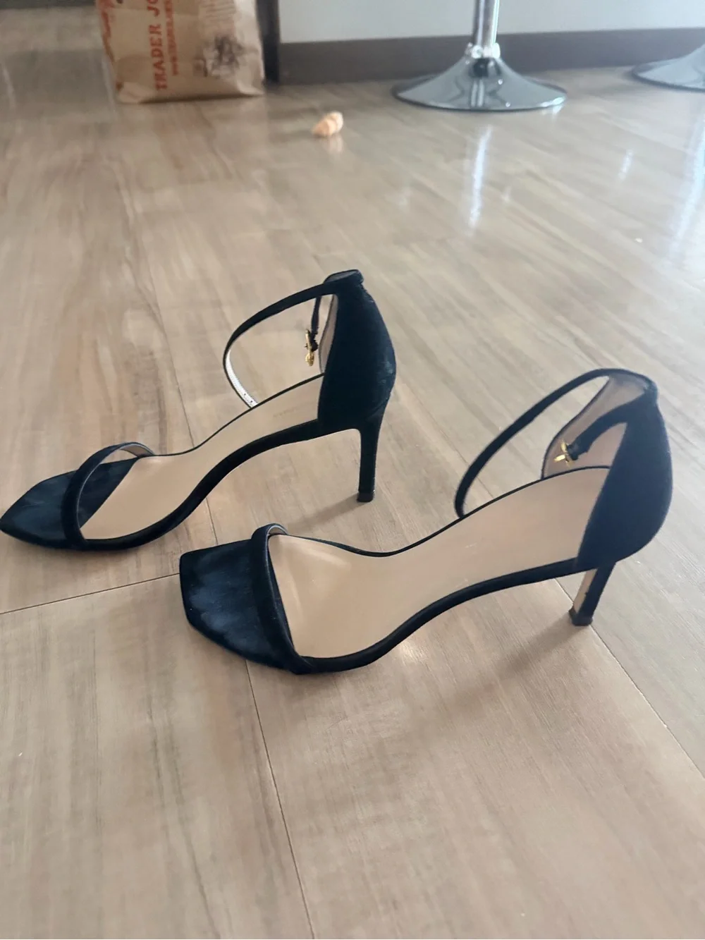 Stuart Weitzman Black Suede Open-Toe Ankle-Strap Heels